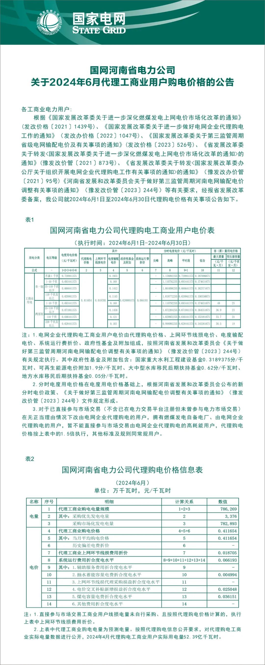 國網(wǎng)河南省電力公司2024年6月代理購電價格公告